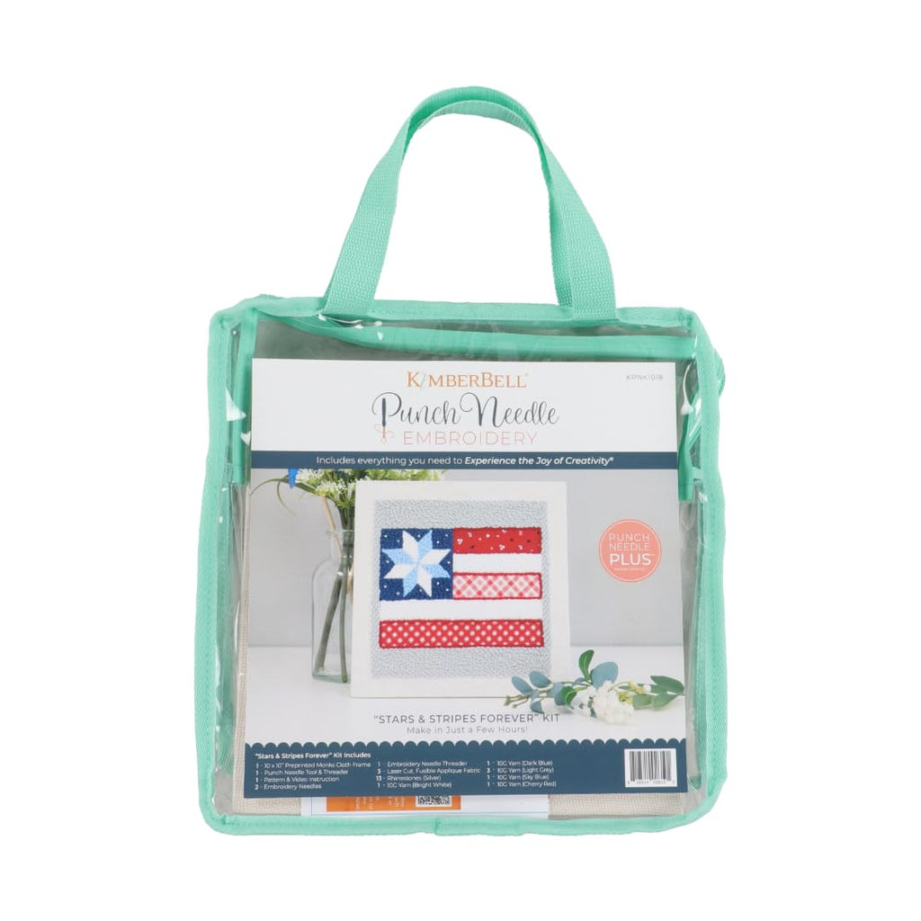 Kimberbell Stars & Stripes Forever Punch Needle Kit – Complete Patriotic Craft Set with Tool, Yarn, Hoop, Monks Cloth, Appliqués & Rhinestones – DIY Punch Needle Plus Kit with Video Tutorials