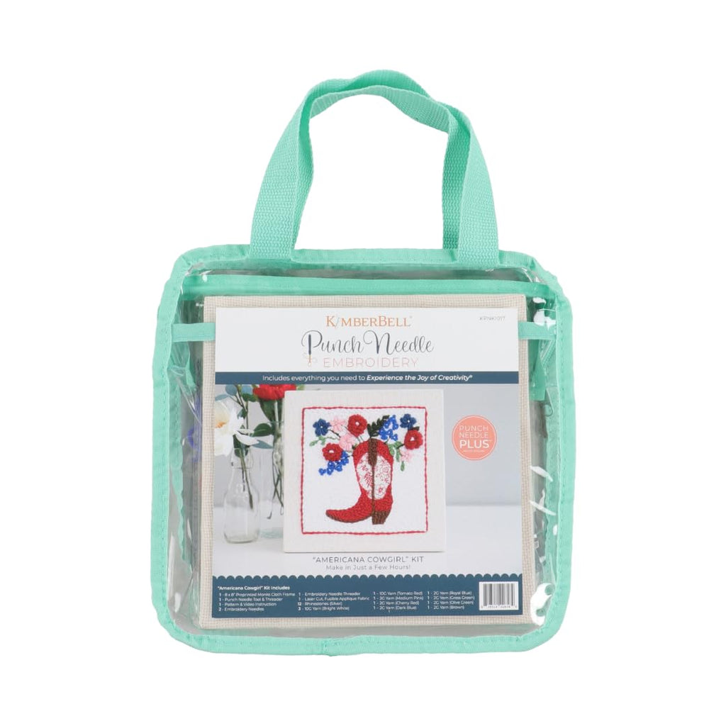 Kimberbell American Cowgirl Punch Needle Kit – Complete DIY Craft Set with Tools, Preprinted Monks Cloth, Yarn, Appliqués, Hoop & Rhinestones – Americana Punch Needle Plus Kit with Video Tutorials