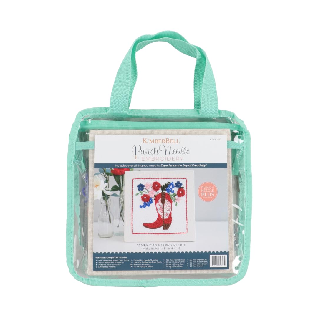 Kimberbell American Cowgirl Punch Needle Kit – Complete DIY Craft Set with Tools, Preprinted Monks Cloth, Yarn, Appliqués, Hoop & Rhinestones – Americana Punch Needle Plus Kit with Video Tutorials