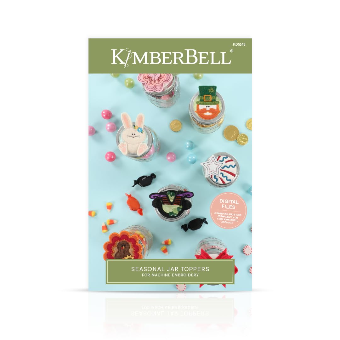 Kimberbell Seasonal Jar Toppers for Machine Embroidery – 7 Holiday Designs in 5x7 & 4x4 Hoop – 3D Elements & Gift Tags – Digital Download Code