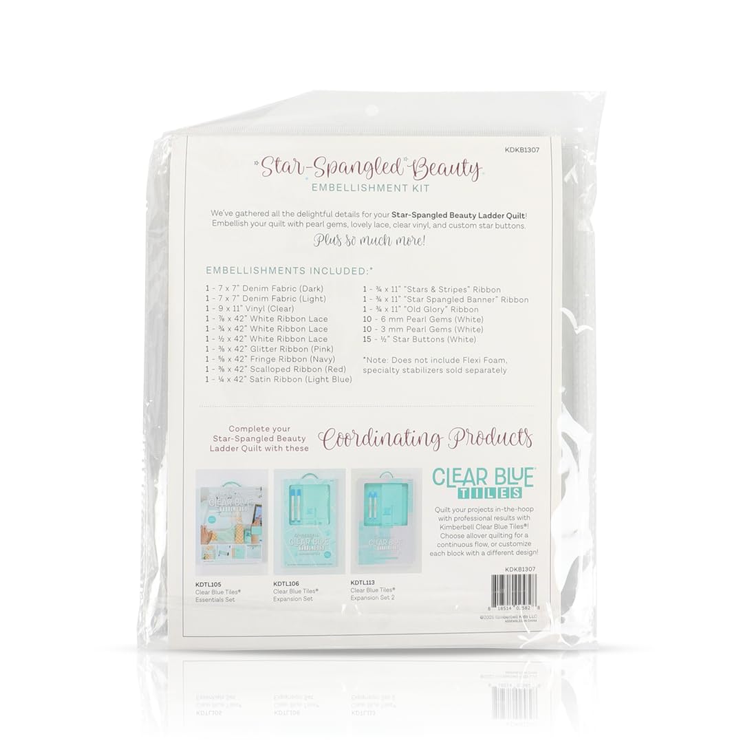 Kimberbell Star-Spangled Beauty Ladder Quilt Embellishment Kit – Accessories for Machine Embroidery Quilt, Includes Lace, Star Buttons, Pearls, Ribbons & More