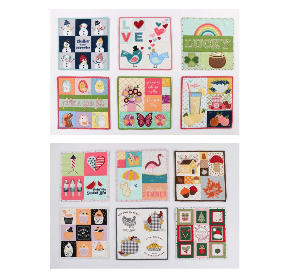Kimberbell Mini Quilts Vol 1 & 2 Bundle – 12 Seasonal Machine Embroidery Quilt Designs (Jan-Dec), 12x12 Mini Quilts for 5x7 or Larger Hoops, Includes SVG Files for Cutting Machines