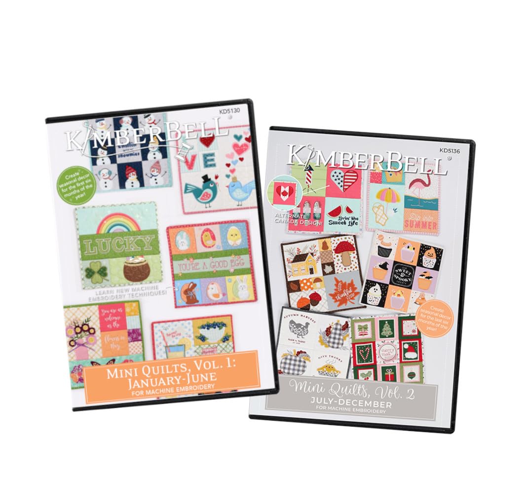 Kimberbell Mini Quilts Vol 1 & 2 Bundle – 12 Seasonal Machine Embroidery Quilt Designs (Jan-Dec), 12x12 Mini Quilts for 5x7 or Larger Hoops, Includes SVG Files for Cutting Machines