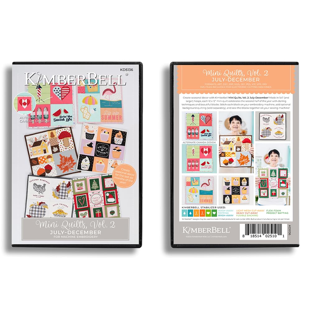 Kimberbell Mini Quilts Volume 2 Bundle – Machine Embroidery CD (July–December) and 15-Piece Embellishment Kit | Seasonal 12"x12" In-the-Hoop Quilting Projects for 5x7 or Larger Hoops