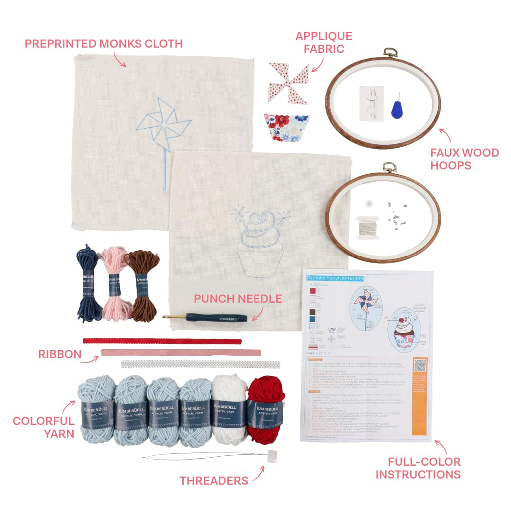 Kimberbell Patriotic Party! Punch Needle Kit – 2 Complete DIY Projects with Tool, Yarn, Hoops, Appliqué, Ribbons & Monks Cloth – Red White & Blue Punch Needle Plus Craft Kit with Video Instructions