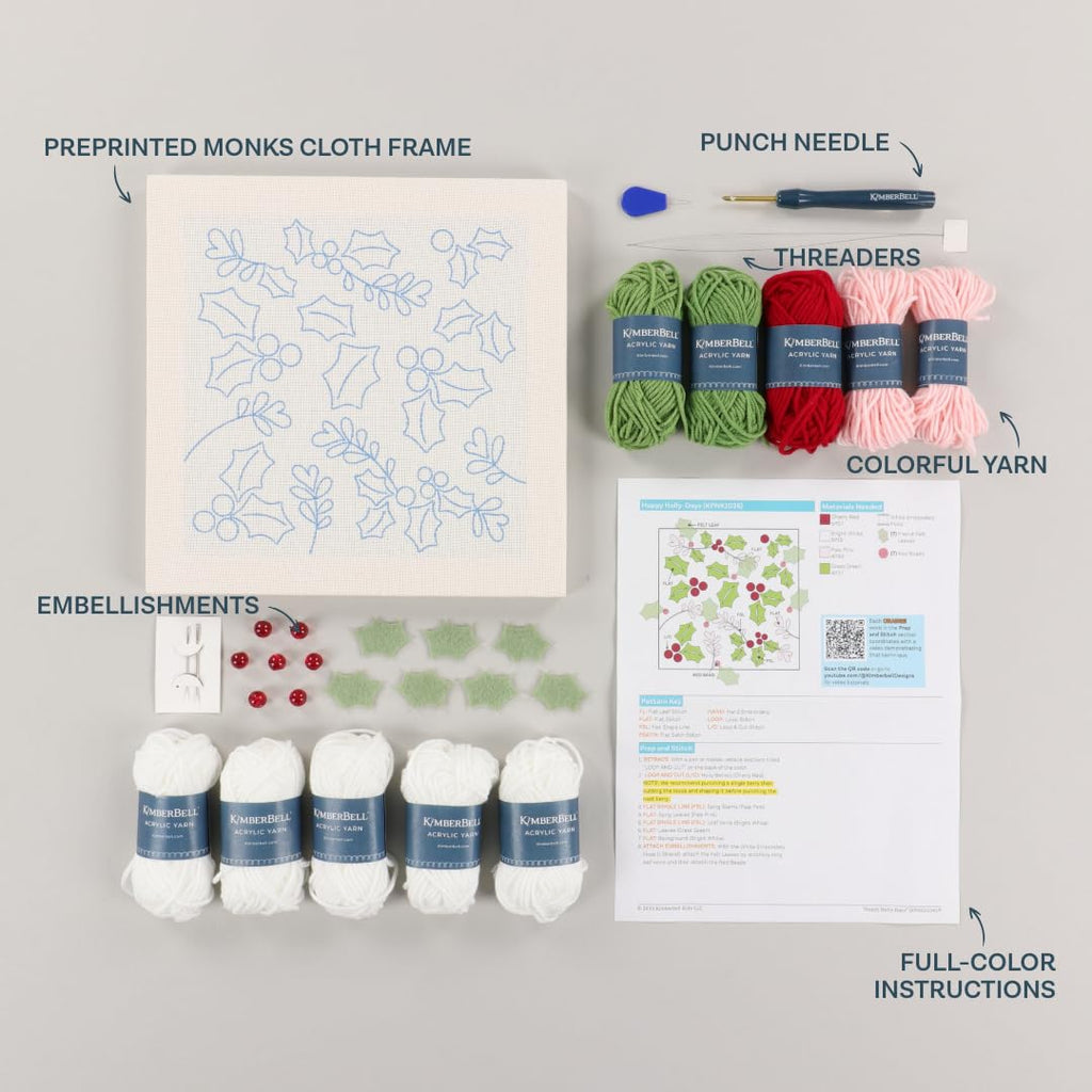 Kimberbell Happy Holly-Days Punch Needle Plus Kit – Complete DIY Embroidery Kit with Tool, Frame, Yarn, Beads & Felt – Holiday Punch Needle Design for Handmade Christmas Décor