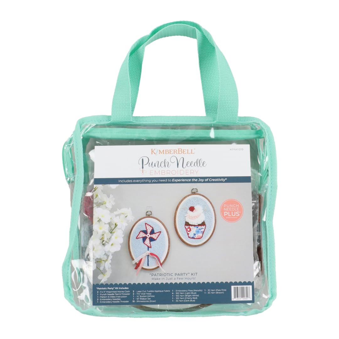 Kimberbell Patriotic Party! Punch Needle Kit – 2 Complete DIY Projects with Tool, Yarn, Hoops, Appliqué, Ribbons & Monks Cloth – Red White & Blue Punch Needle Plus Craft Kit with Video Instructions