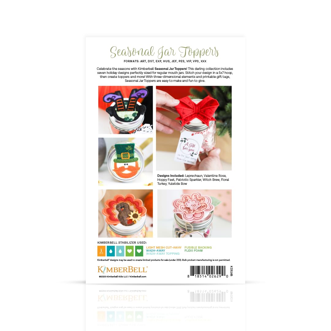 Kimberbell Seasonal Jar Toppers for Machine Embroidery – 7 Holiday Designs in 5x7 & 4x4 Hoop – 3D Elements & Gift Tags – Digital Download Code