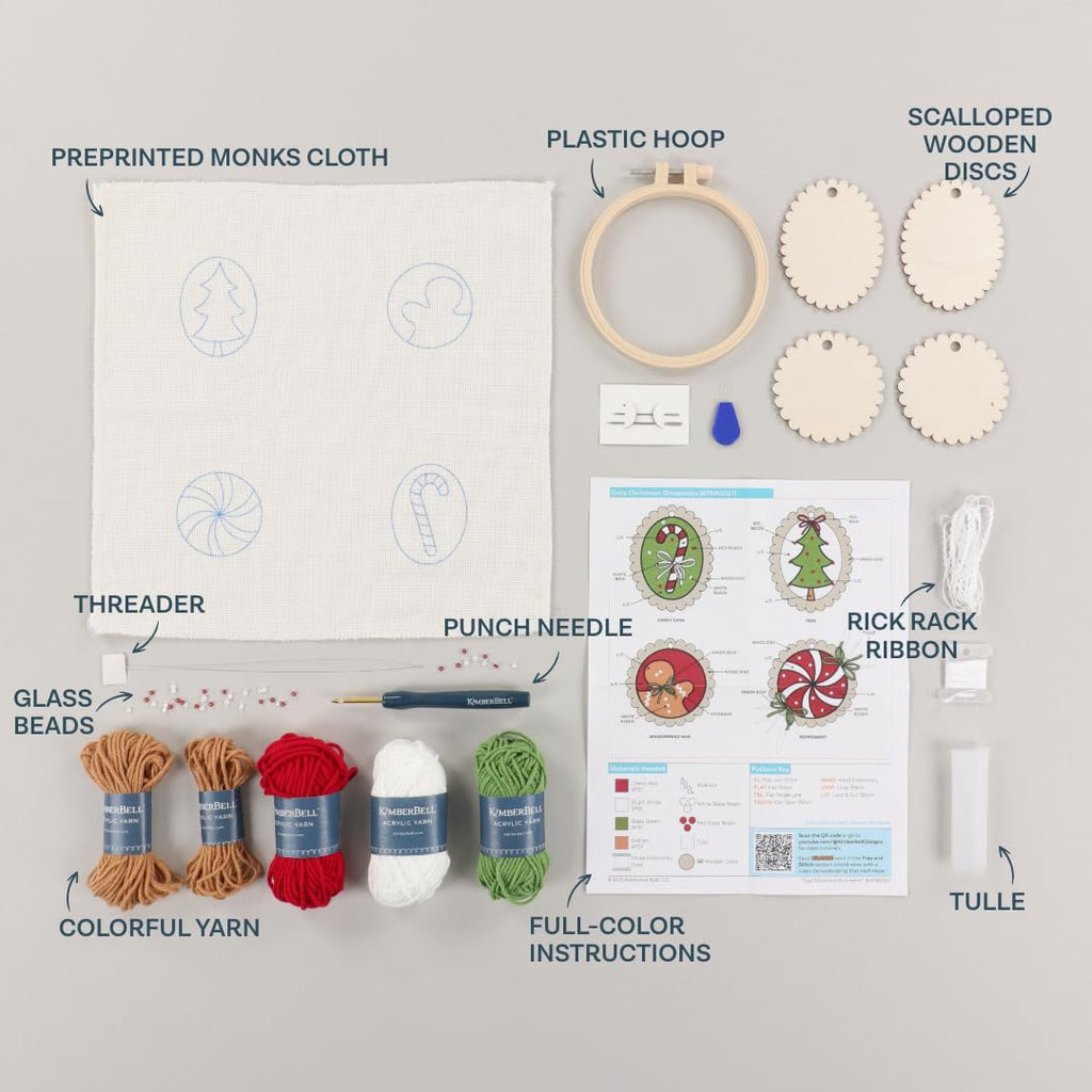 Kimberbell Cozy Christmas Ornaments Punch Needle Plus Kit – DIY Holiday Ornament Craft Kit with Tool, Yarn, Hoops, Embellishments & Wood Disks – Handmade Christmas Décor Project