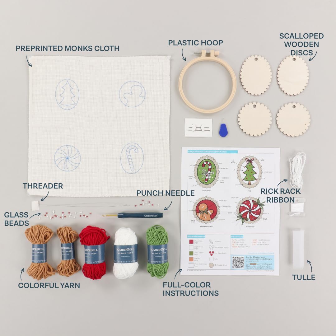 Kimberbell Cozy Christmas Ornaments Punch Needle Plus Kit – DIY Holiday Ornament Craft Kit with Tool, Yarn, Hoops, Embellishments & Wood Disks – Handmade Christmas Décor Project