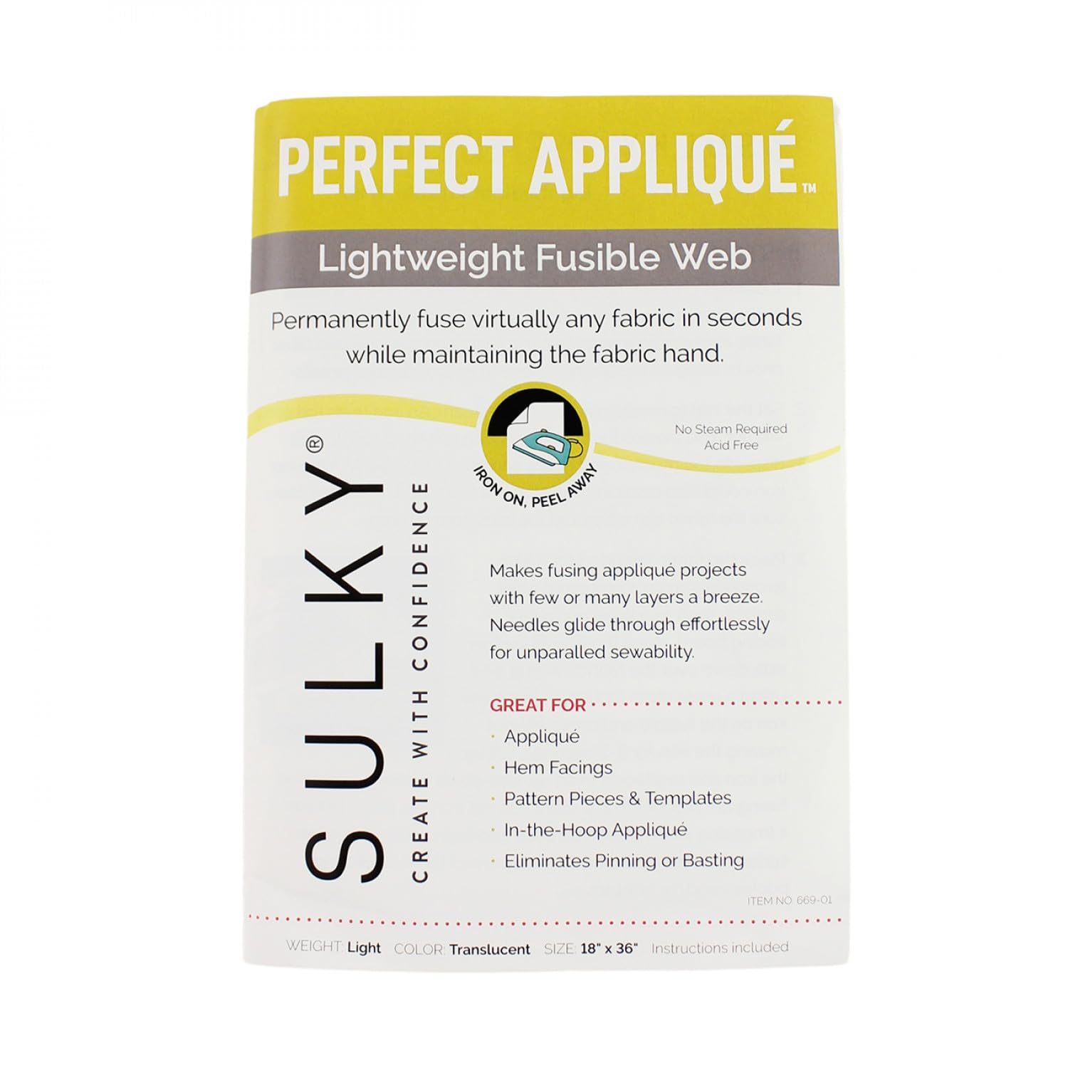 Sulky Perfect Appliqu Lightweight Fusible Web 18'' x 1 yd Easy and Permanent Fabric Fusing for Appliqu, Hem Facings, Pattern Pieces, and Templates