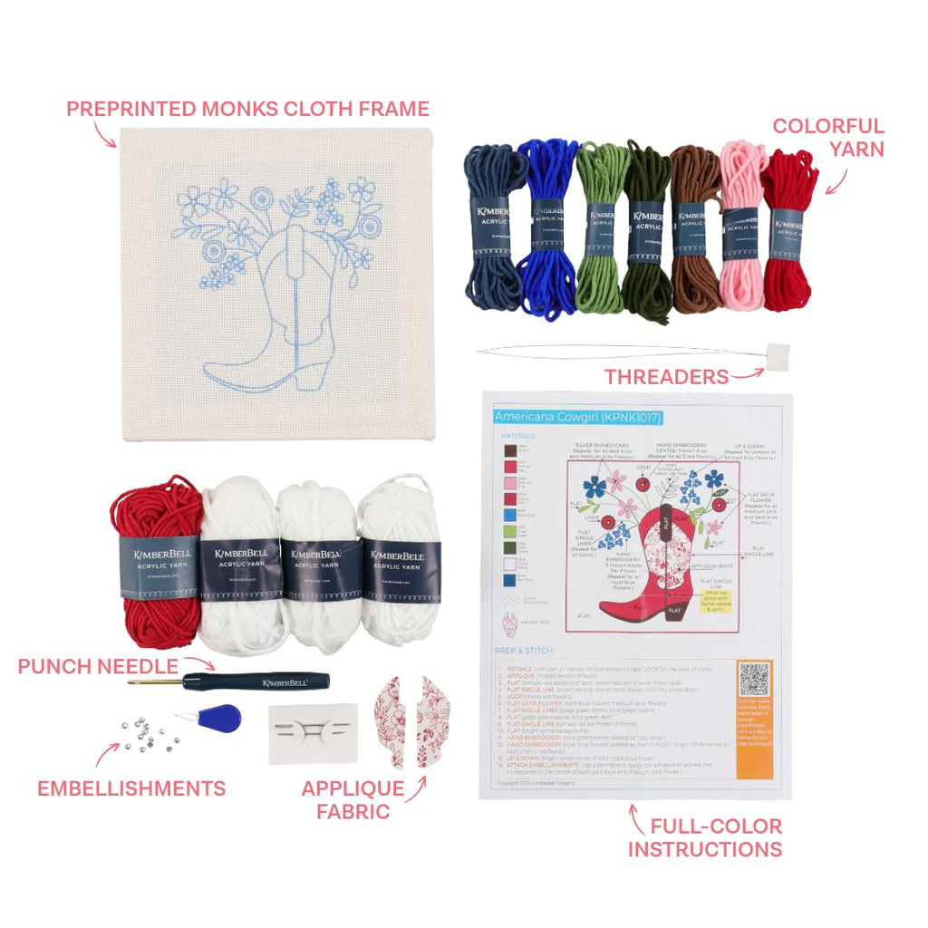 Kimberbell American Cowgirl Punch Needle Kit – Complete DIY Craft Set with Tools, Preprinted Monks Cloth, Yarn, Appliqués, Hoop & Rhinestones – Americana Punch Needle Plus Kit with Video Tutorials