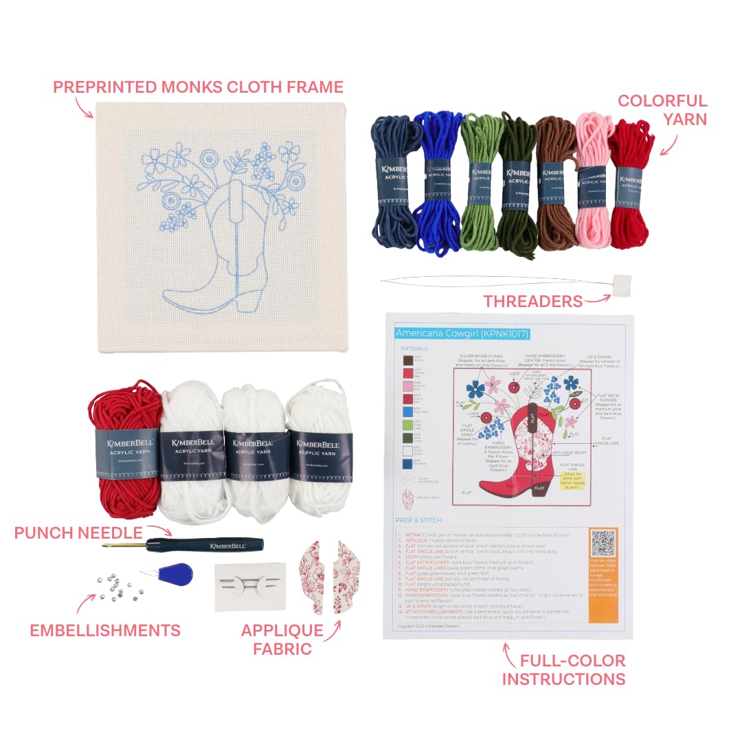 Kimberbell American Cowgirl Punch Needle Kit – Complete DIY Craft Set with Tools, Preprinted Monks Cloth, Yarn, Appliqués, Hoop & Rhinestones – Americana Punch Needle Plus Kit with Video Tutorials