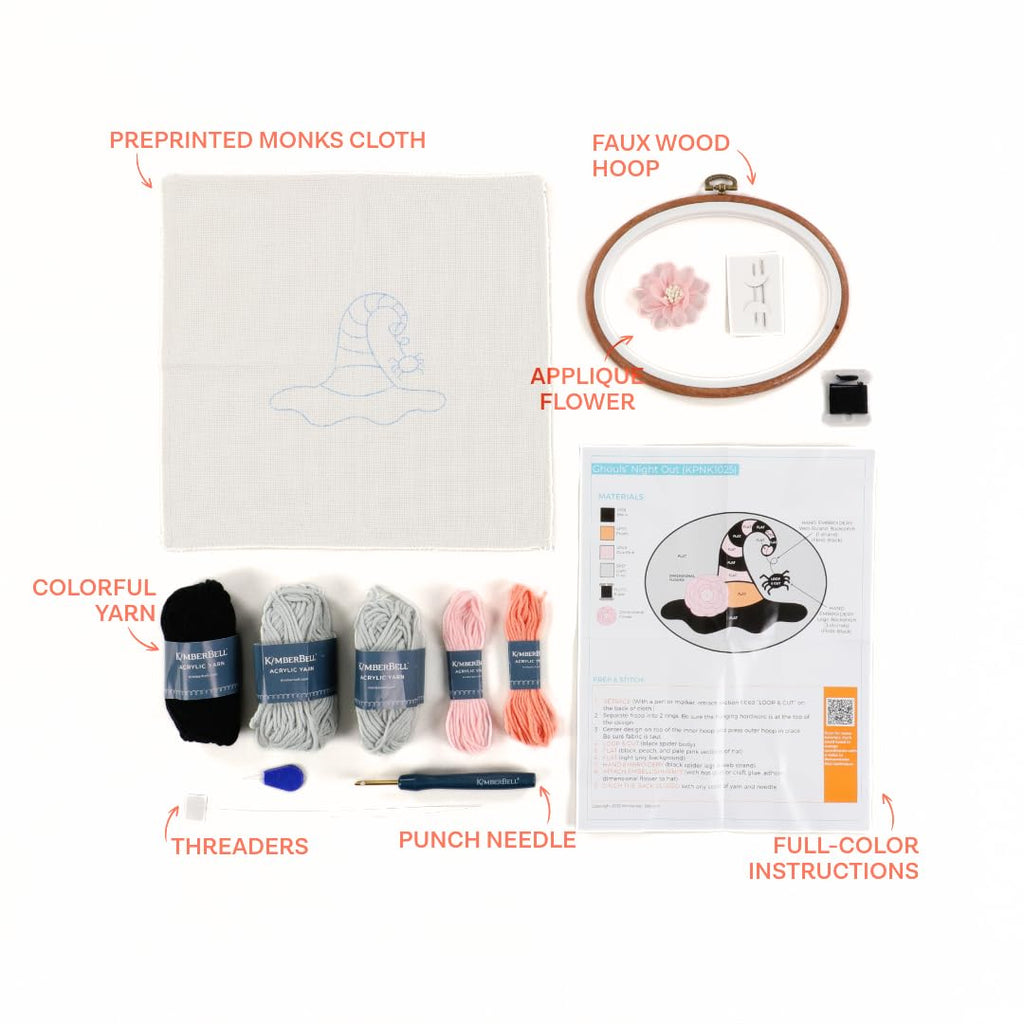 Kimberbell Ghouls’ Night Out Punch Needle Plus Kit – Complete DIY Halloween Craft Kit with Tool, Preprinted Monks Cloth, Yarn, Flower, Faux Wood Frame & Video Tutorials