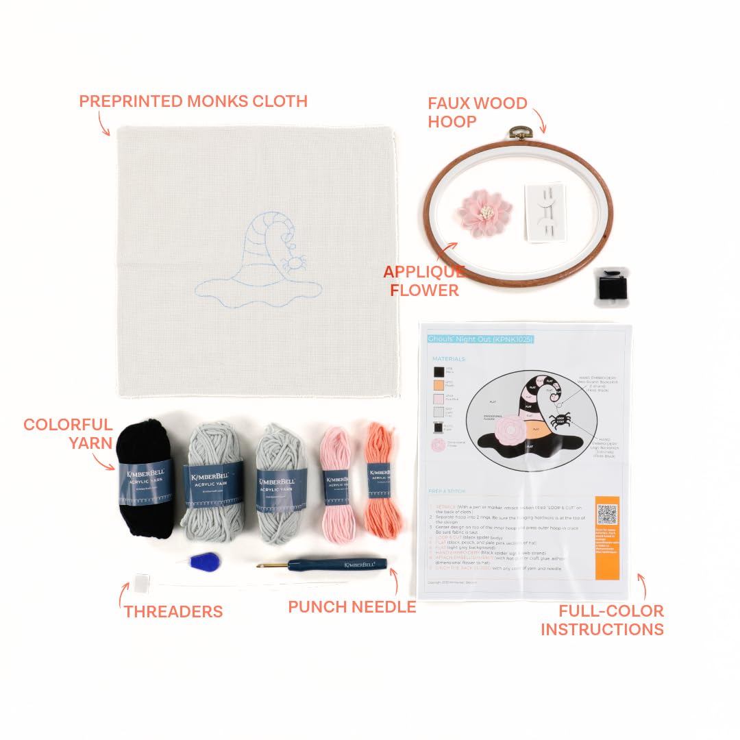 Kimberbell Ghouls’ Night Out Punch Needle Plus Kit – Complete DIY Halloween Craft Kit with Tool, Preprinted Monks Cloth, Yarn, Flower, Faux Wood Frame & Video Tutorials