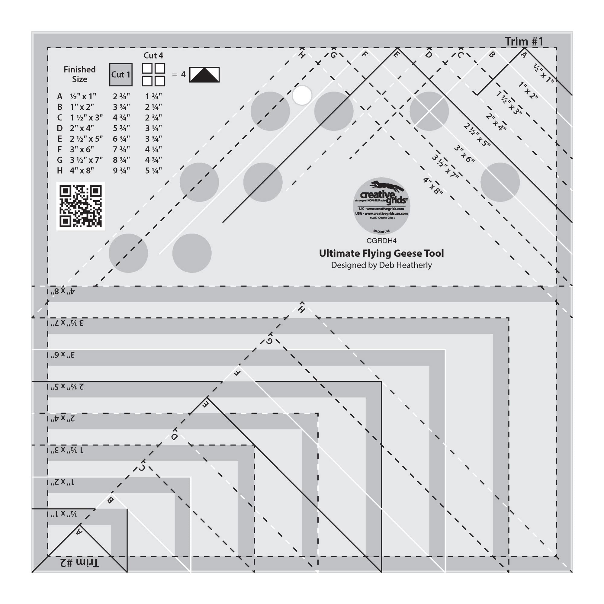 Creative Grids Ultimate Flying Geese Tool Quilt Ruler – CGRDH4 – Made in USA, 8-1/2in x 8-1/2in, Non-Slip Grip Acrylic Quilting, Sewing, Crafting, Patchwork Ruler & Template