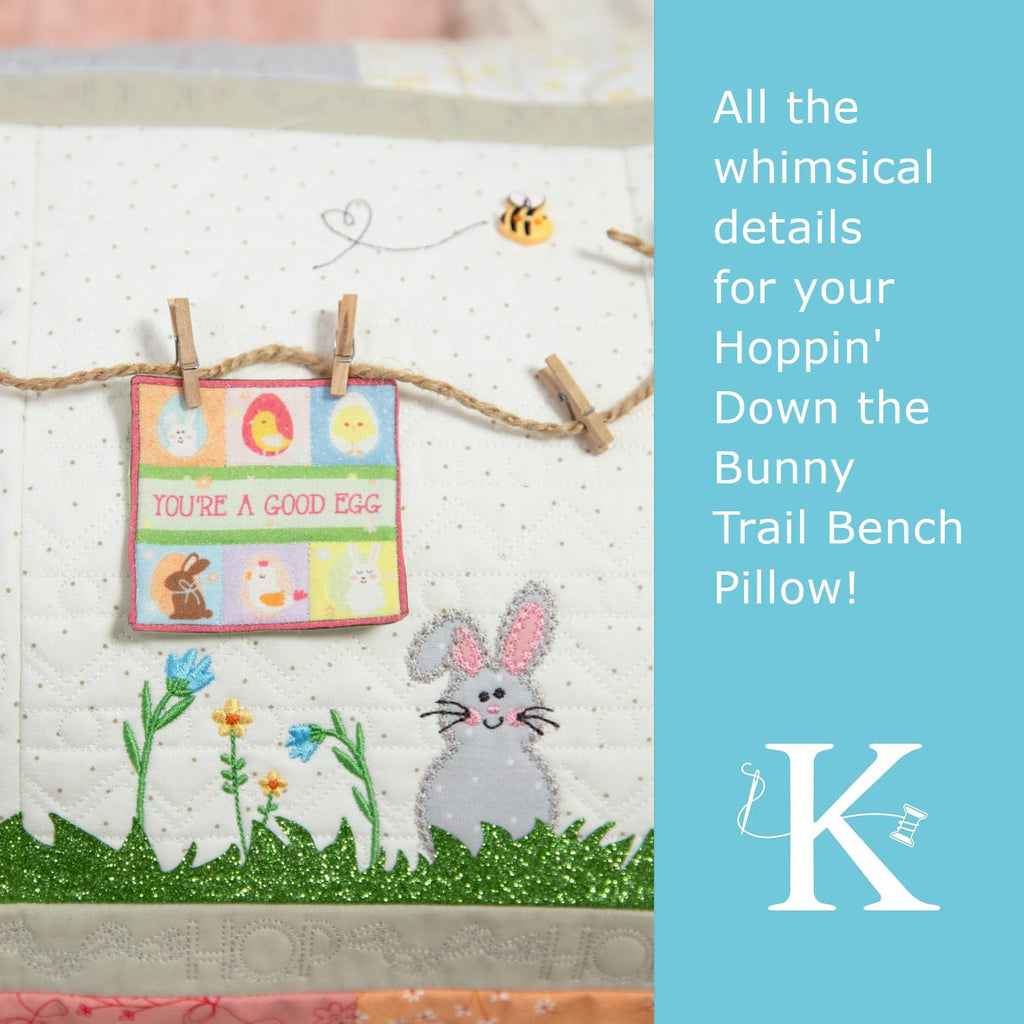 Kimberbell Hoppin’ Down the Bunny Trail Bench Pillow Embellishment Kit – 25 Piece Set for Embroidery, Sewing & Crafting – Includes Buttons, Felt, Glitter Grass & So Much More!