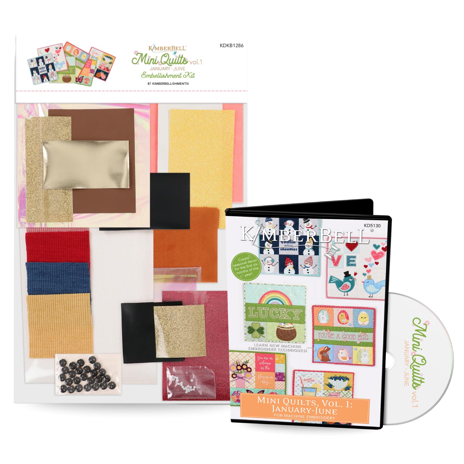 Kimberbell Mini Quilts Volume 1 Bundle – Machine Embroidery CD (Jan–June) and 15-Piece Embellishment Kit | Seasonal 12"x12" In-the-Hoop Quilting Projects for 5x7 or Larger Hoops