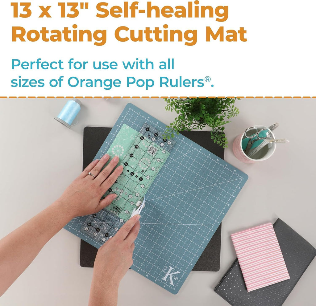 Kimberbell 13" x 13" Rotating Cutting Mat – Self-Healing, 360° Swivel, Grid Lines & Ruler Markings – Non-Slip Quilting & Sewing Mat for Orange Pop Rulers® & Fabric Cutting
