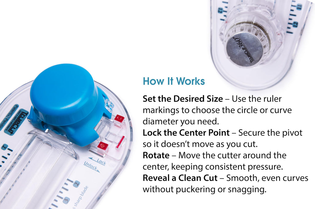 TrueCut 360° Fabric Circle Cutter – Rotary Cutting Tool for Quilting, Sewing, Crafting – Cuts Perfect 1-12" Circles in Fabric, Felt, Vinyl, Paper – Easy-to-Use Precision Blade