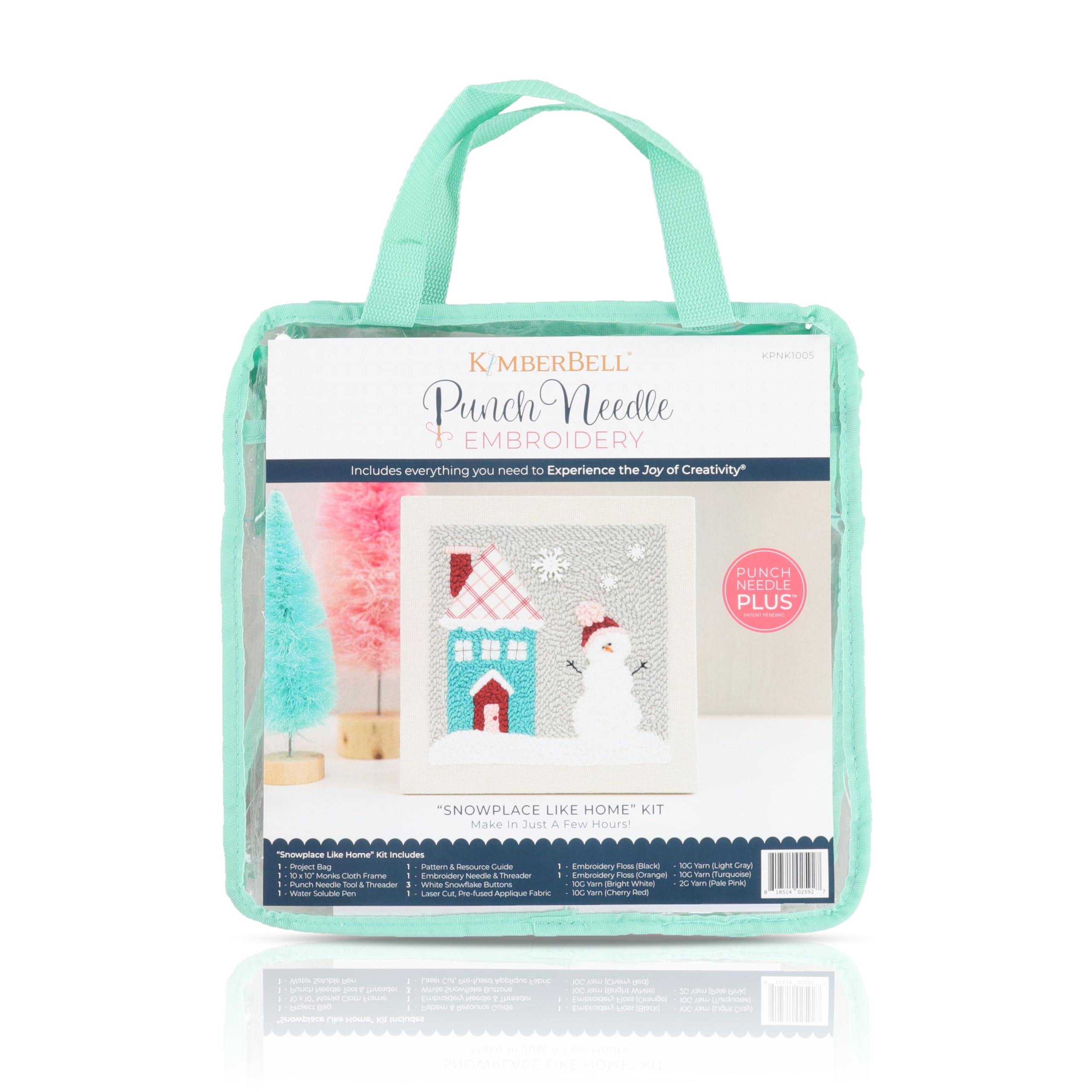 Kimberbell Punch Needle Kit – Snowplace Like Home - DIY Craft Kit with Tool, Monks Cloth, Frame, Buttons & Yarn – Snowman & Cozy House Punch Needle Embroidery Set