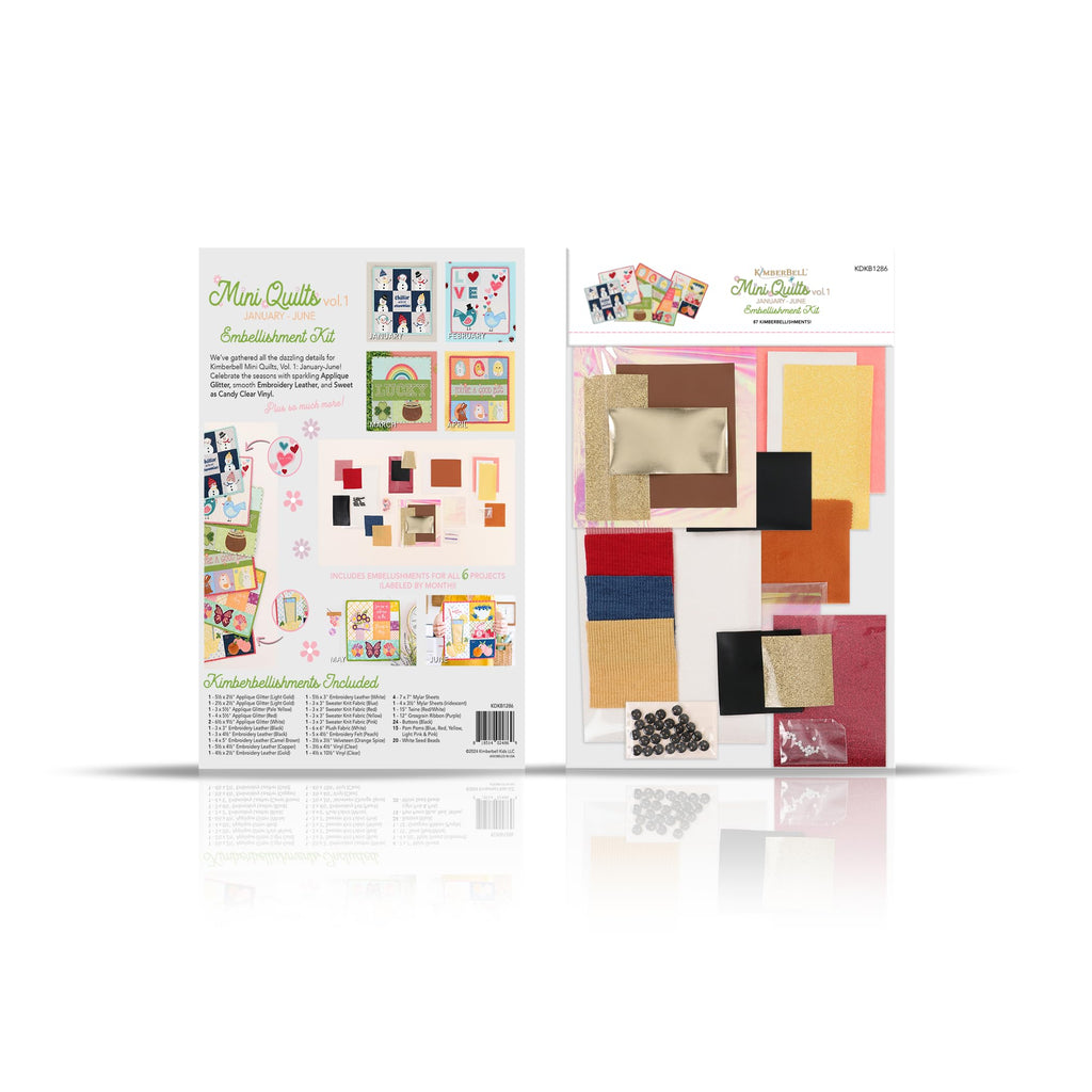 Kimberbell Mini Quilts Volume 1 Bundle – Machine Embroidery CD (Jan–June) and 15-Piece Embellishment Kit | Seasonal 12"x12" In-the-Hoop Quilting Projects for 5x7 or Larger Hoops