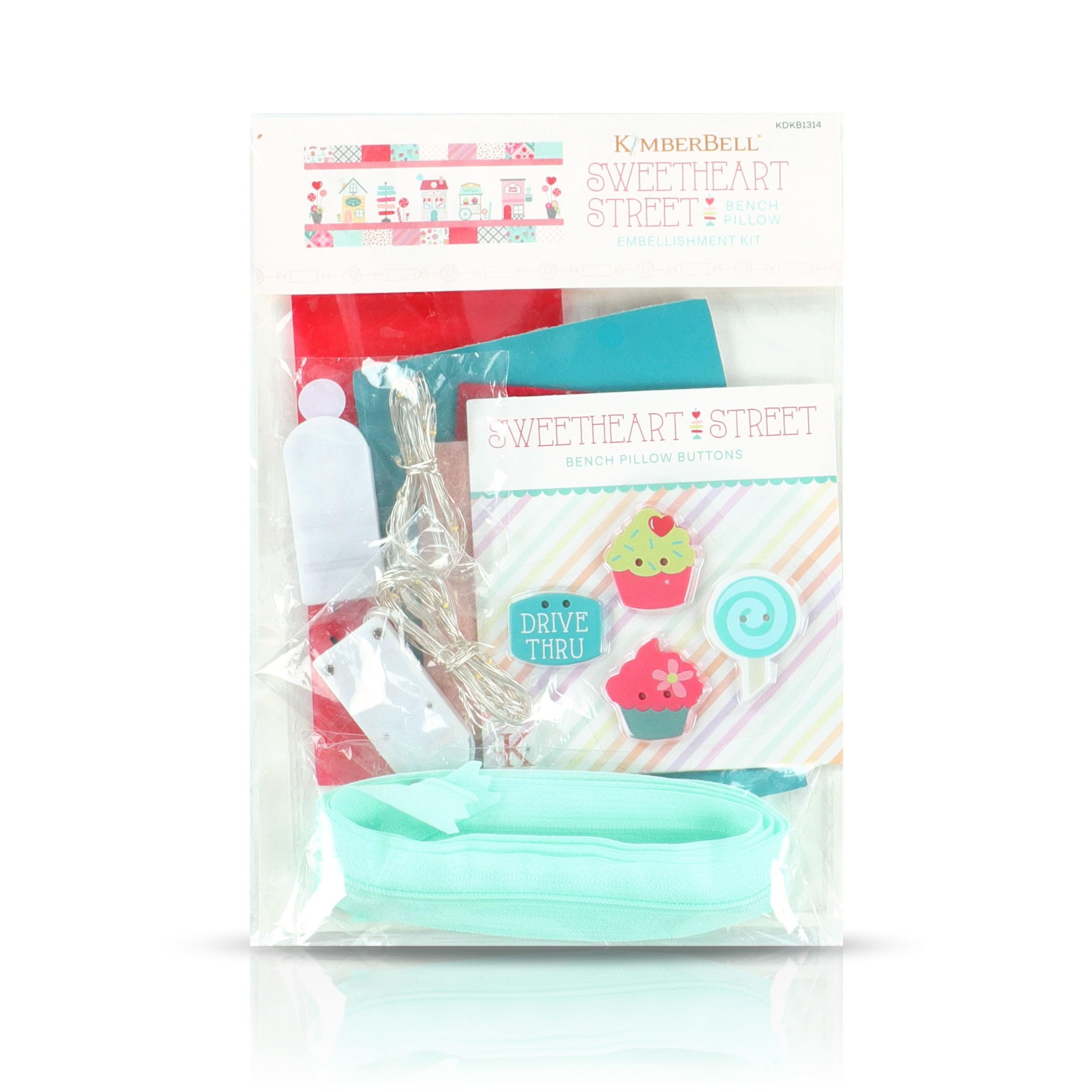 Kimberbell Sweetheart Street Embellishment Kit – Coordinating Supplies for 16" x 38" Valentine Bench Pillow – Includes Buttons, Vinyl, and Decorative Details for 5x7 Hoop Embroidery