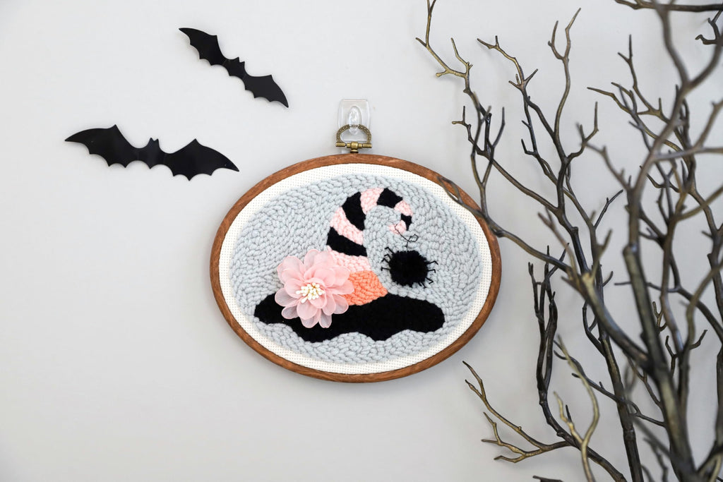Kimberbell Ghouls’ Night Out Punch Needle Plus Kit – Complete DIY Halloween Craft Kit with Tool, Preprinted Monks Cloth, Yarn, Flower, Faux Wood Frame & Video Tutorials