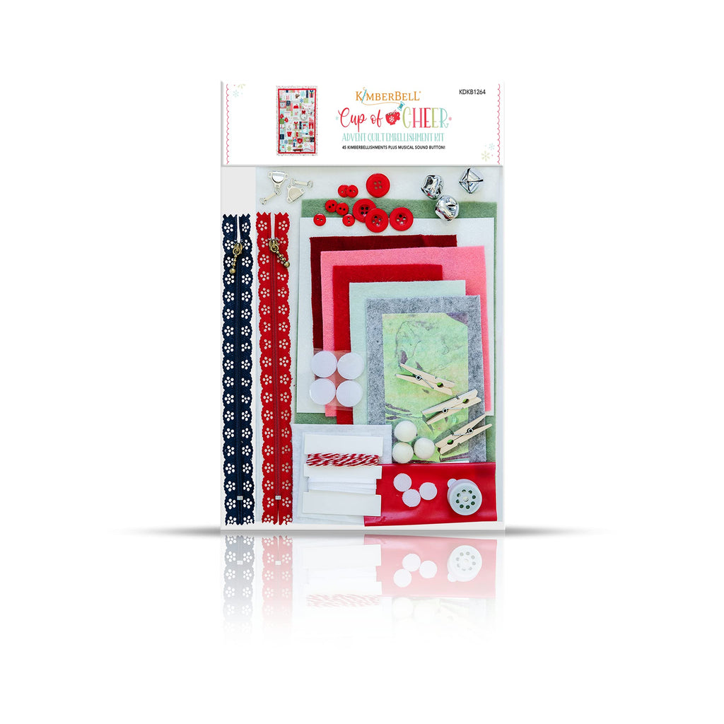 Kimberbell Embellishment Cup of Cheer Kit (46 Pcs): Includes Ribbon, Seasonal Buttons, Sound Box, Felt, Bells, Lace Zippers, Variety of Colors, Pair with Machine Embroidery Design