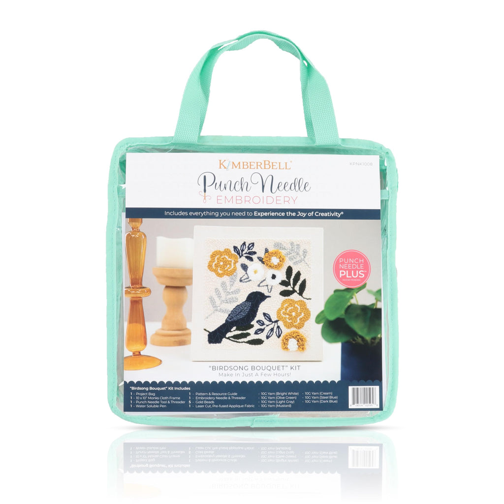 Kimberbell Punch Needle Kit – Birdsong Bouquet - Complete DIY Embroidery Kit with Tool, Monks Cloth, Frame, Yarn & Embellishments – Blue & Gold Floral Design Punch Needle Set