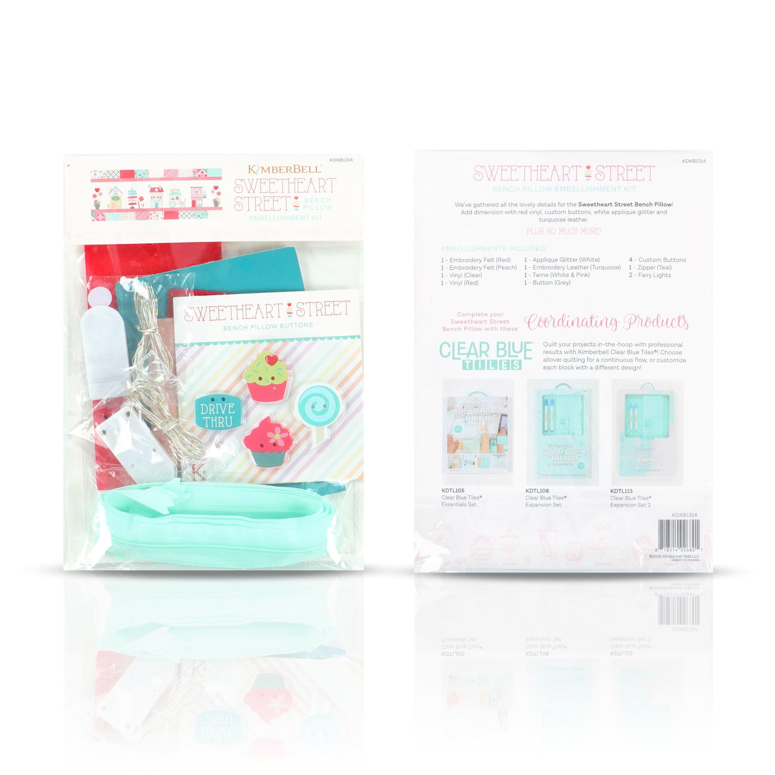 Kimberbell Sweetheart Street Embellishment Kit – Coordinating Supplies for 16" x 38" Valentine Bench Pillow – Includes Buttons, Vinyl, and Decorative Details for 5x7 Hoop Embroidery