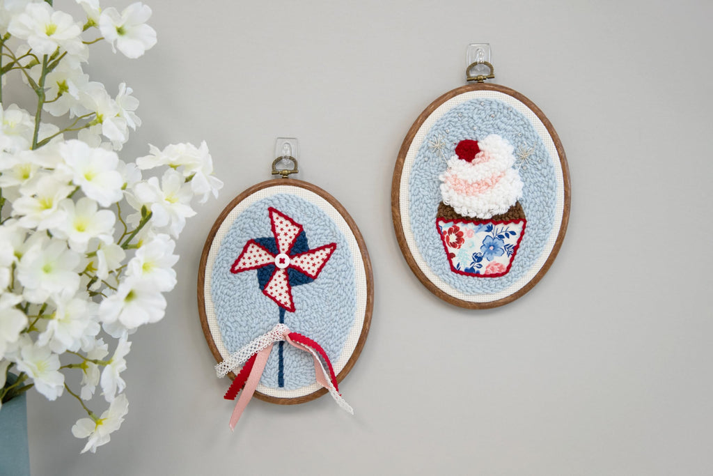 Kimberbell Patriotic Party! Punch Needle Kit – 2 Complete DIY Projects with Tool, Yarn, Hoops, Appliqué, Ribbons & Monks Cloth – Red White & Blue Punch Needle Plus Craft Kit with Video Instructions