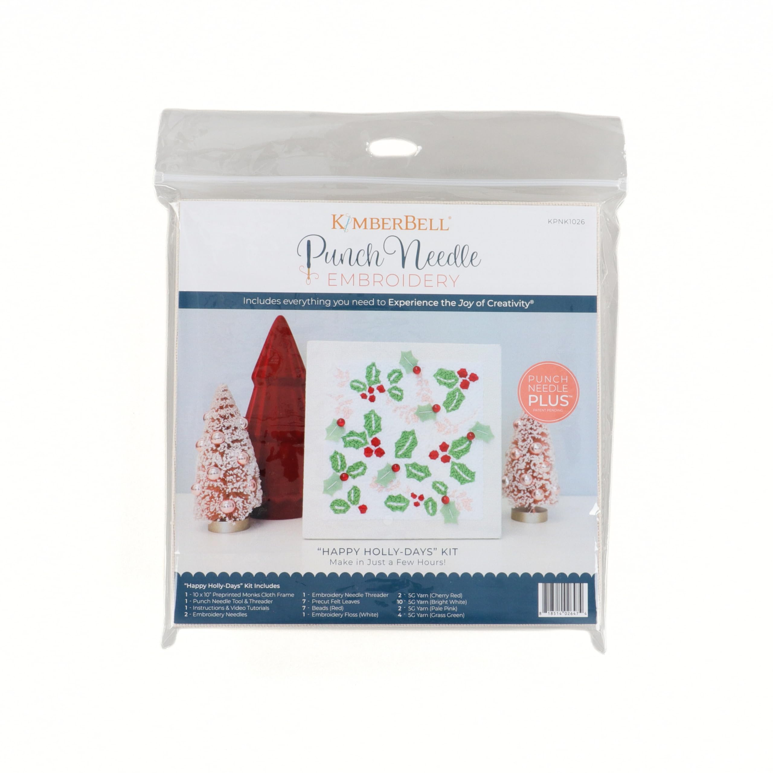 Kimberbell Happy Holly-Days Punch Needle Plus Kit – Complete DIY Embroidery Kit with Tool, Frame, Yarn, Beads & Felt – Holiday Punch Needle Design for Handmade Christmas Décor