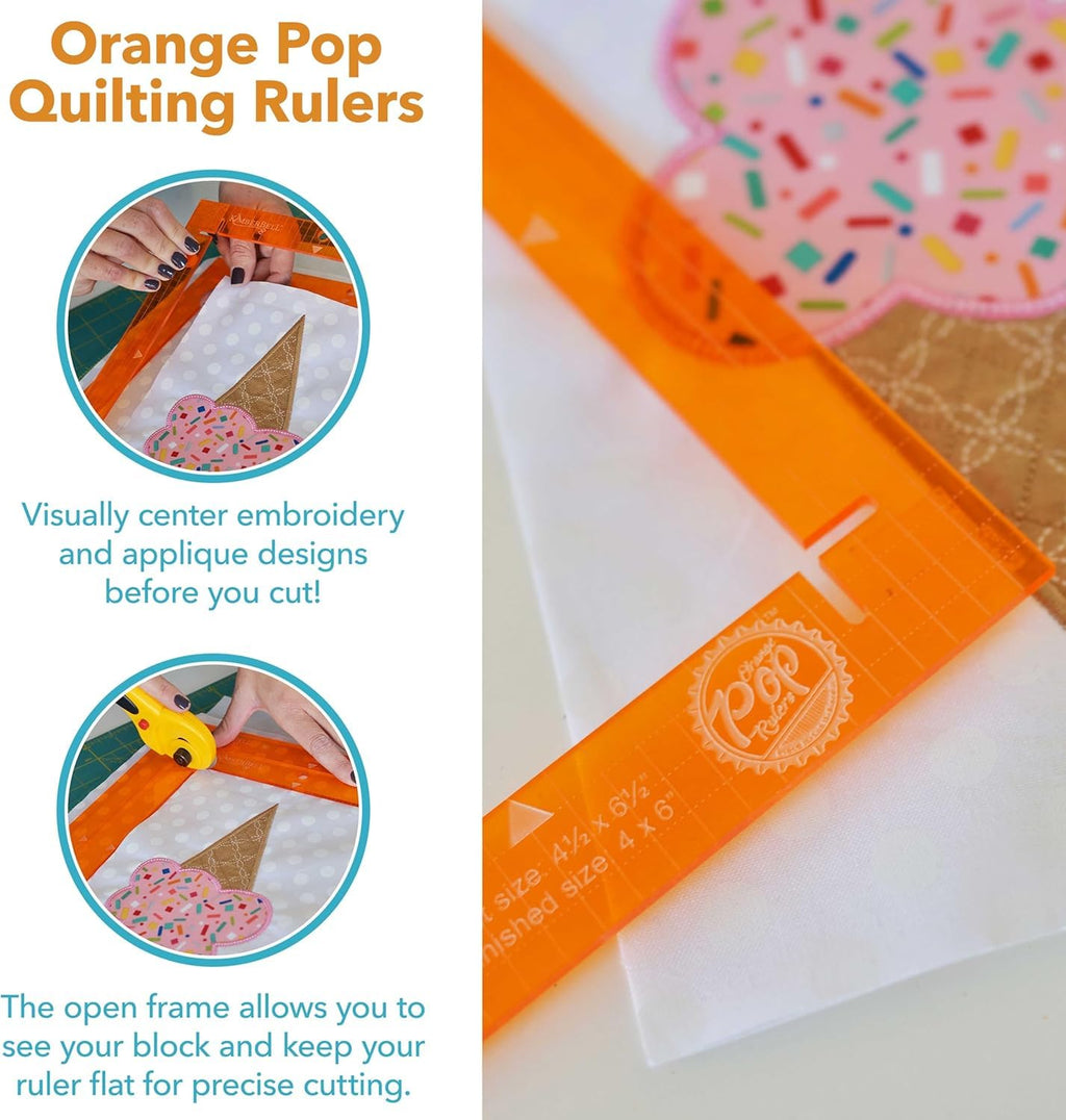 Kimberbell Orange Pop Rulers Bundle – Square Set of 4 + Rectangle Set of 6 | Quilting & Sewing Rulers with Slip-Stop Grip | Easy Block Centering for Quilting, Embroidery, and Appliqué