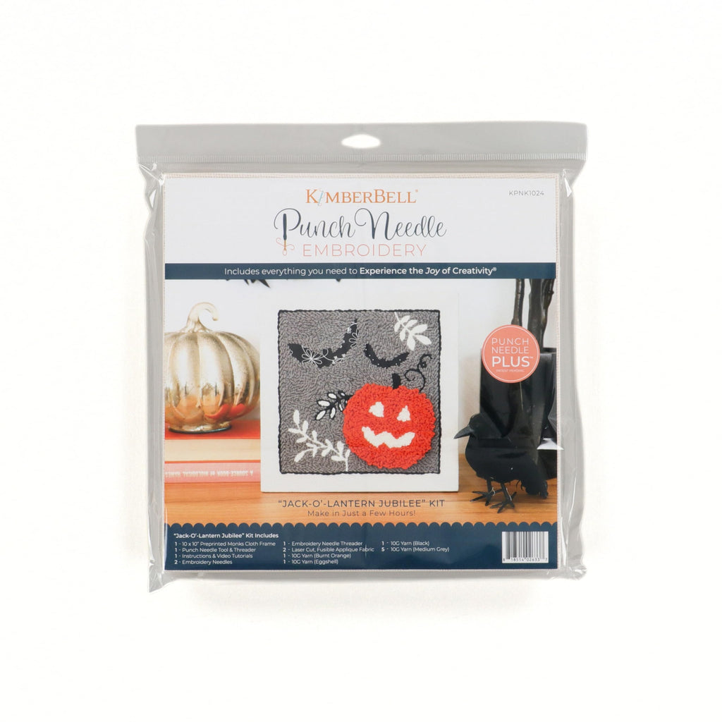 Kimberbell Jack-O’-Lantern Jubilee Punch Needle Plus Kit – Complete DIY Halloween Craft Kit with Tool, Preprinted Monks Cloth, Yarn, Applique Fabric, Frame & Video Tutorials