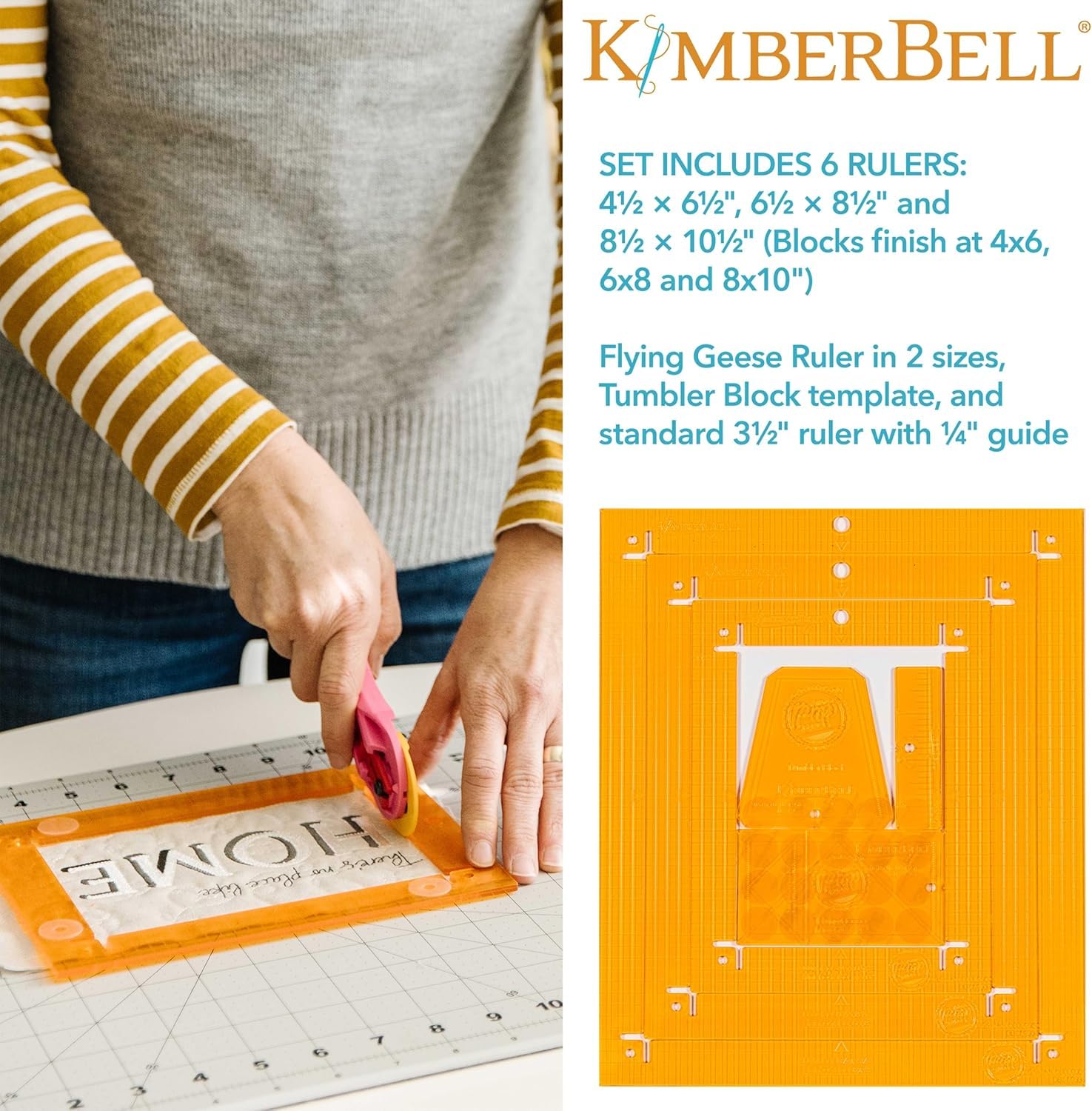Kimberbell Orange Pop Rulers Bundle – Square Set of 4 + Rectangle Set of 6 | Quilting & Sewing Rulers with Slip-Stop Grip | Easy Block Centering for Quilting, Embroidery, and Appliqué