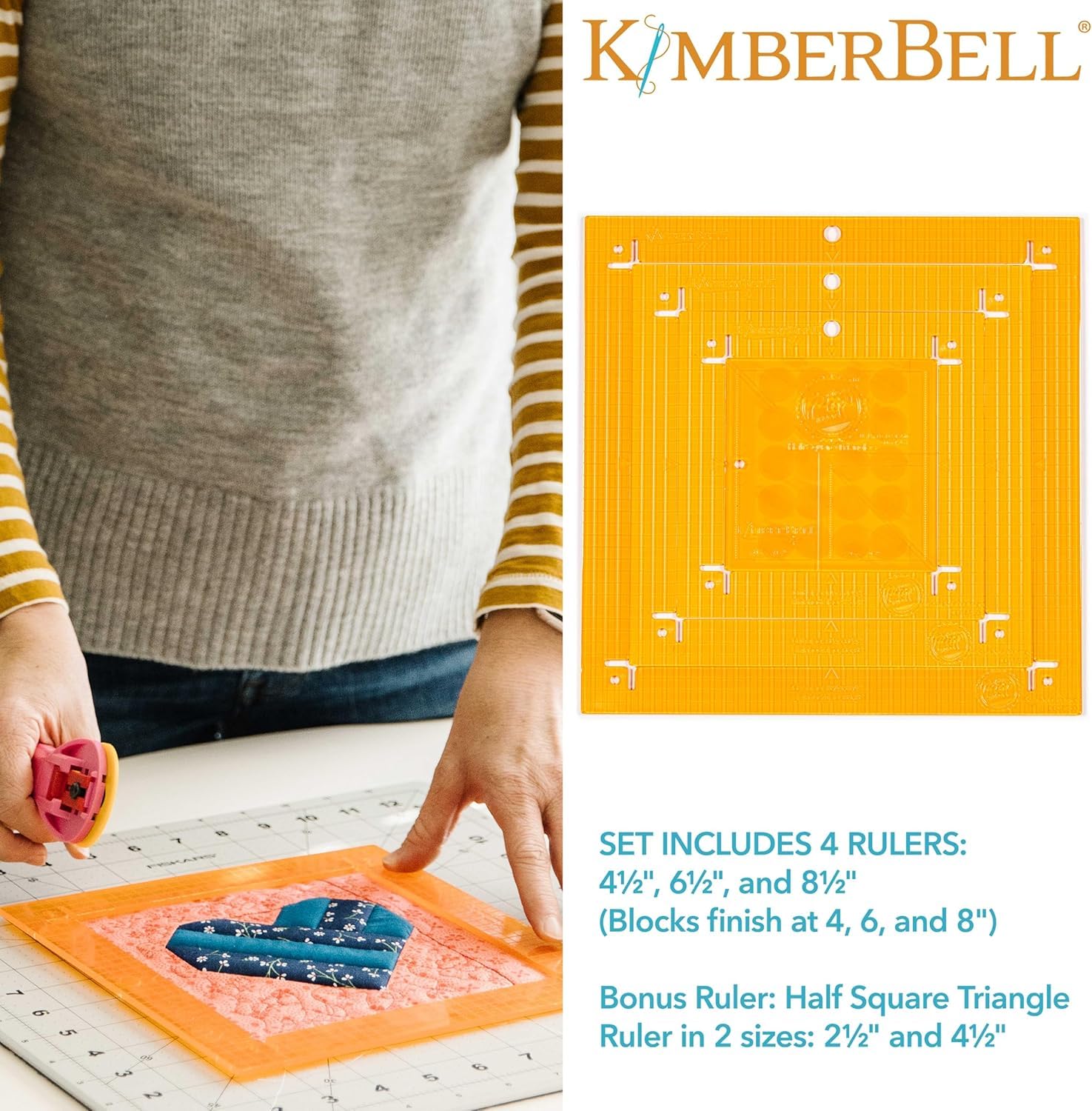 Kimberbell Orange Pop Rulers Bundle – Square Set of 4 + Rectangle Set of 6 | Quilting & Sewing Rulers with Slip-Stop Grip | Easy Block Centering for Quilting, Embroidery, and Appliqué
