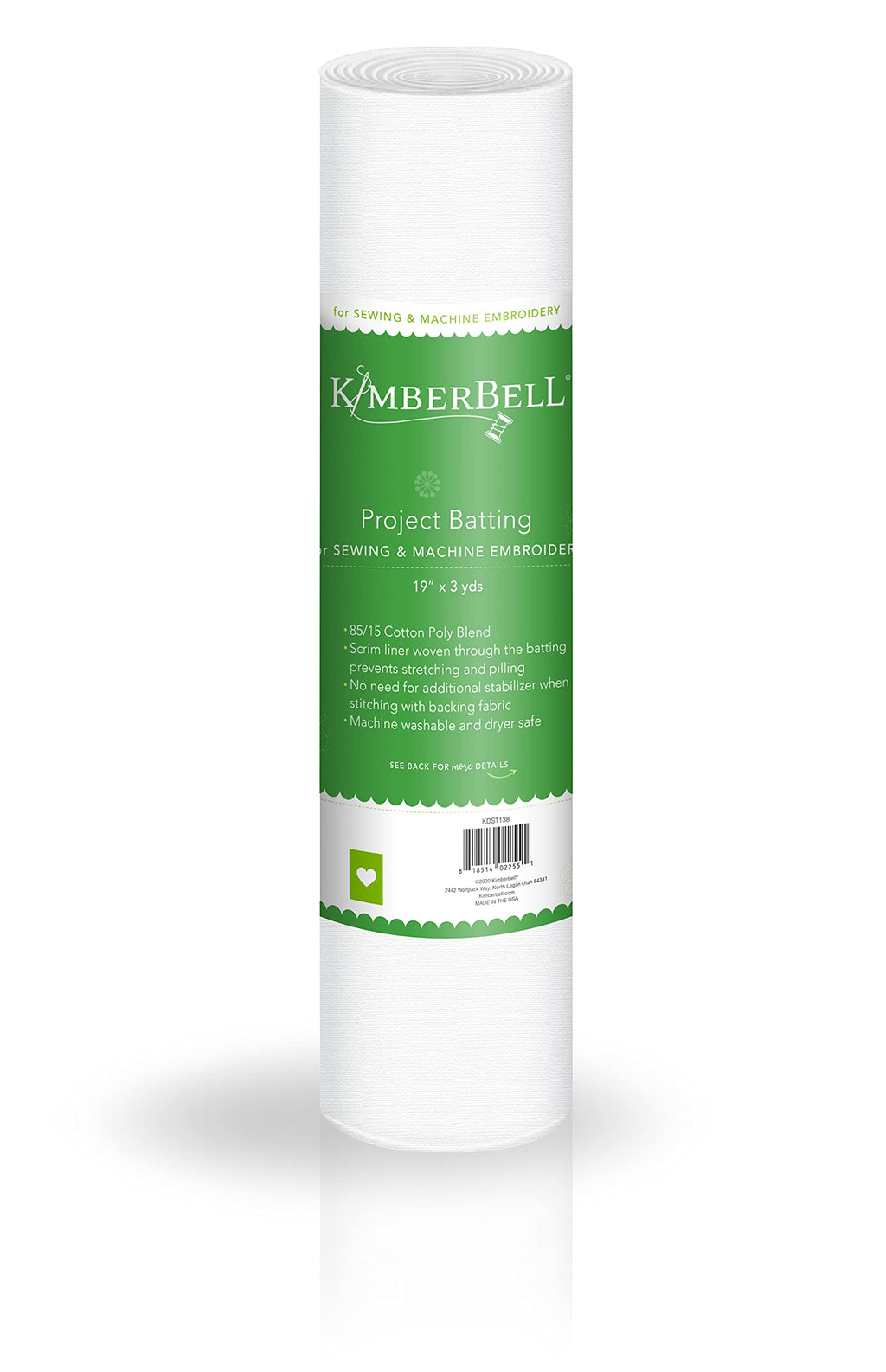 Kimberbell Project Batting 19”x3 Yd Roll Cotton Poly Blend, Machine Washable, Cut into Variable Sizes, Gives Form, Provide A Barrier For: Machine Embroidery, Sewing, Quilting, Piecing Projects & More!