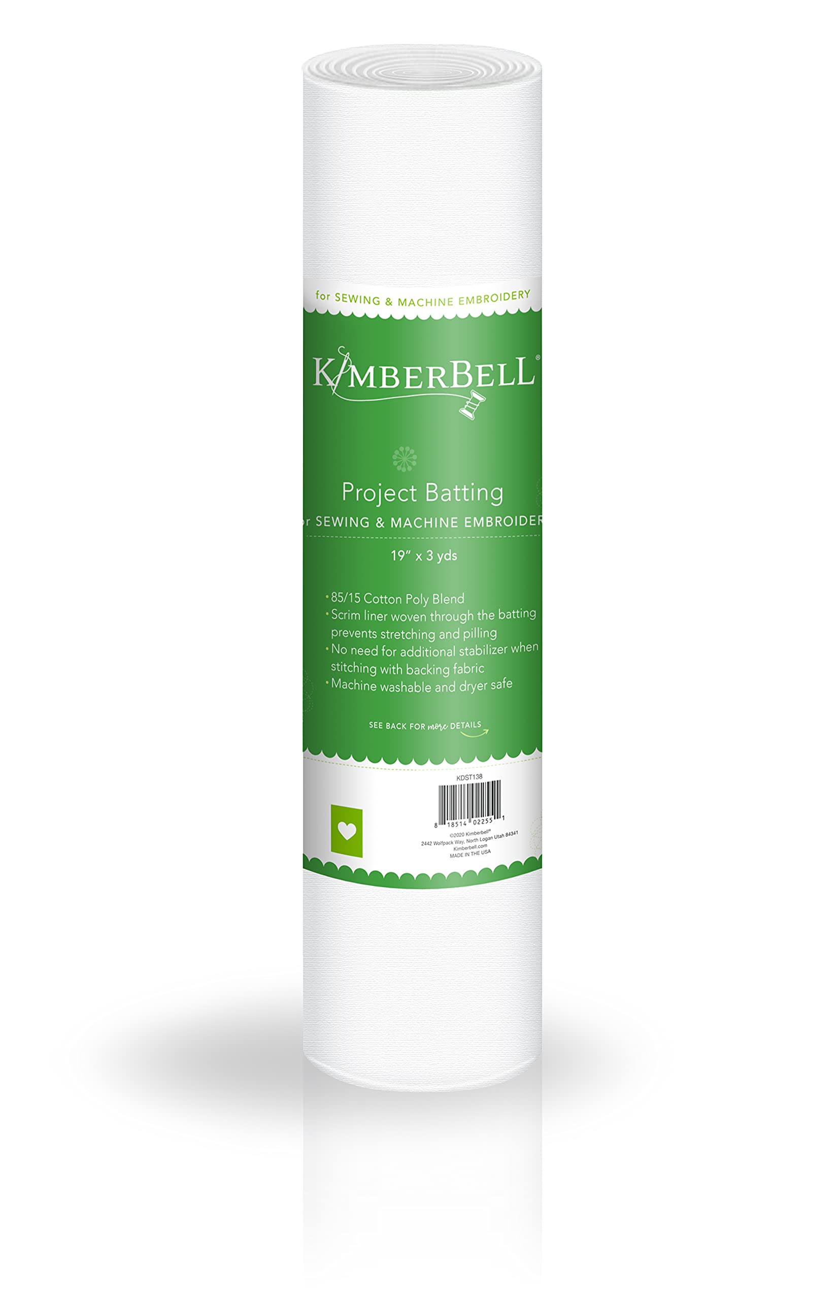 Kimberbell Project Batting 19”x3 Yd Roll Cotton Poly Blend, Machine Washable, Cut into Variable Sizes, Gives Form, Provide A Barrier For: Machine Embroidery, Sewing, Quilting, Piecing Projects & More!