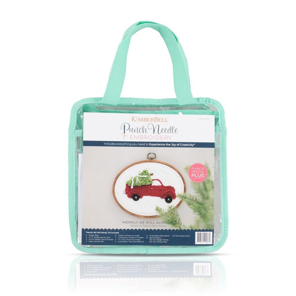 Kimberbell Punch Needle Kit – Merrily We Roll Along - DIY Christmas Craft Kit with Tool, Yarn, Monks Cloth, Frame, Embellishments & Reusable Project Bag – Festive Holiday Punch Needle Embroidery Set