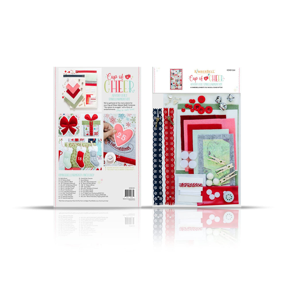 Kimberbell Embellishment Cup of Cheer Kit (46 Pcs): Includes Ribbon, Seasonal Buttons, Sound Box, Felt, Bells, Lace Zippers, Variety of Colors, Pair with Machine Embroidery Design