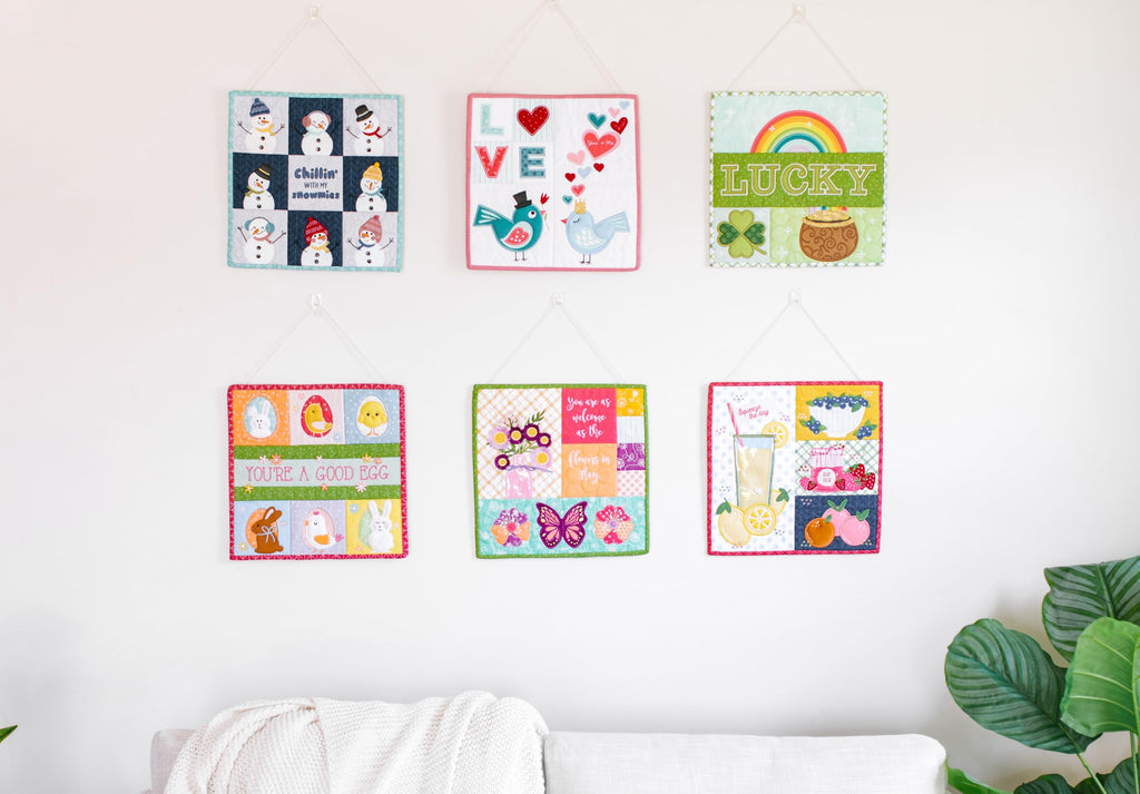 Kimberbell Mini Quilts Vol 1 & 2 Bundle – 12 Seasonal Machine Embroidery Quilt Designs (Jan-Dec), 12x12 Mini Quilts for 5x7 or Larger Hoops, Includes SVG Files for Cutting Machines
