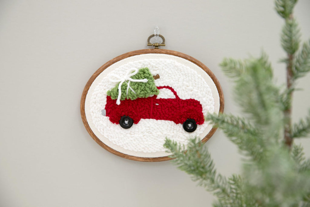 Kimberbell Punch Needle Kit – Merrily We Roll Along - DIY Christmas Craft Kit with Tool, Yarn, Monks Cloth, Frame, Embellishments & Reusable Project Bag – Festive Holiday Punch Needle Embroidery Set