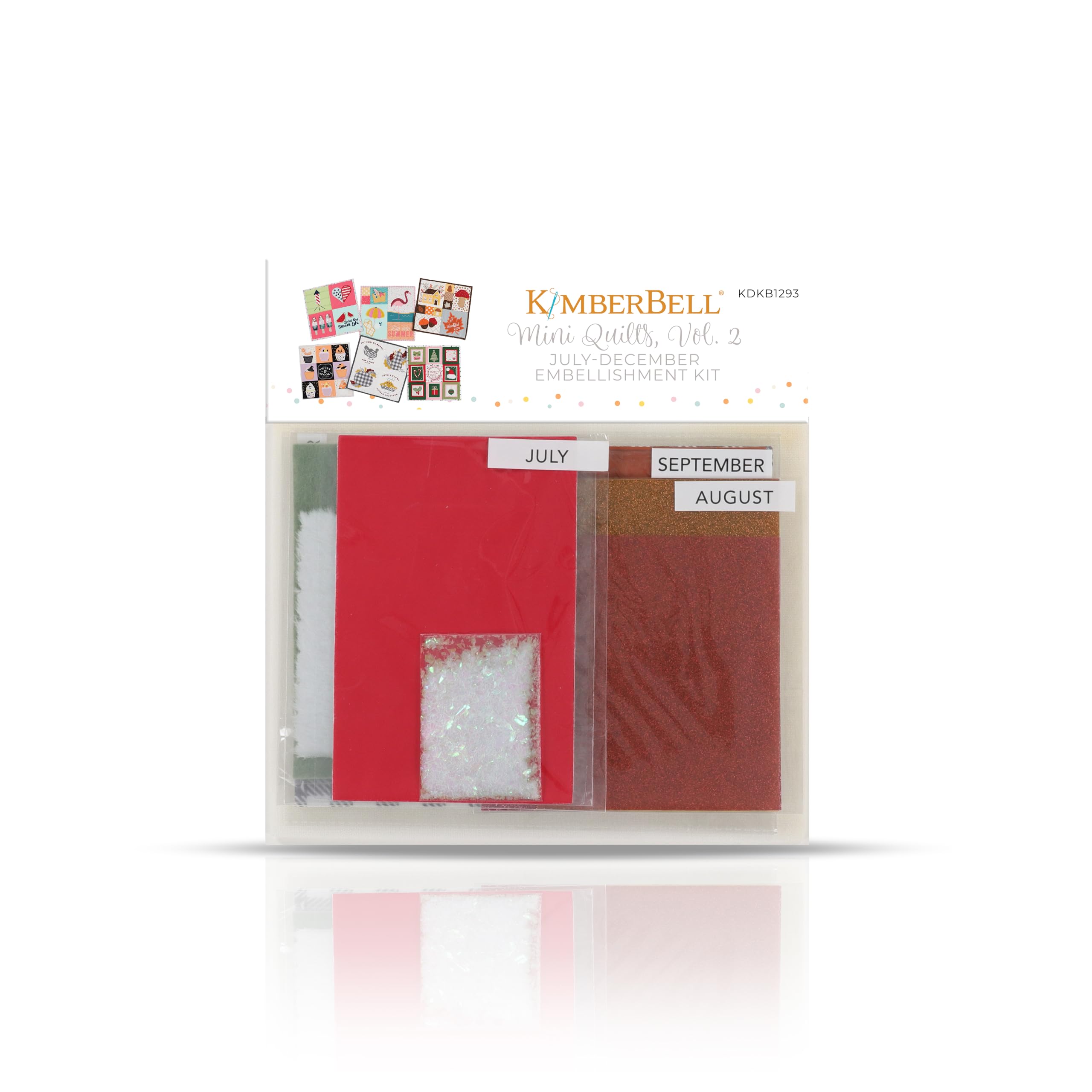 Kimberbell Mini Quilts Vol. 2 July–December Embellishment Kit – 15 Pc Set with Glitter, Felt, Vinyl & More for Seasonal Machine Embroidery Projects
