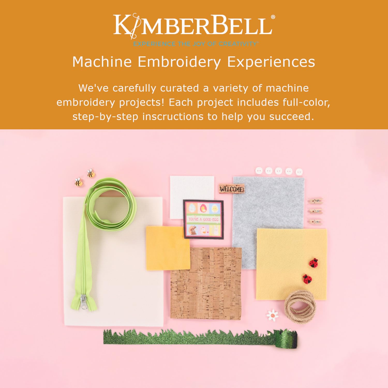 Kimberbell Hoppin’ Down the Bunny Trail Bench Pillow Embellishment Kit – 25 Piece Set for Embroidery, Sewing & Crafting – Includes Buttons, Felt, Glitter Grass & So Much More!