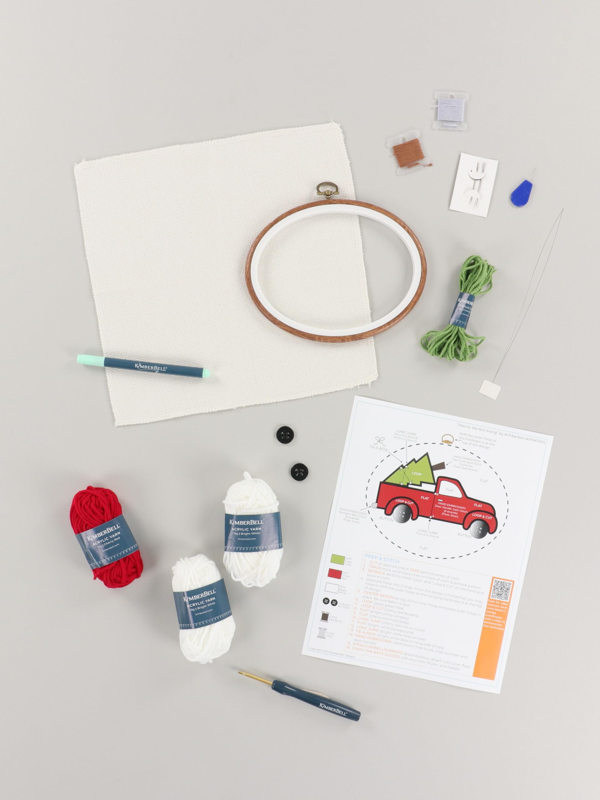 Kimberbell Punch Needle Kit – Merrily We Roll Along - DIY Christmas Craft Kit with Tool, Yarn, Monks Cloth, Frame, Embellishments & Reusable Project Bag – Festive Holiday Punch Needle Embroidery Set