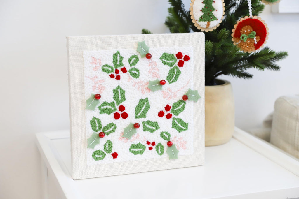 Kimberbell Happy Holly-Days Punch Needle Plus Kit – Complete DIY Embroidery Kit with Tool, Frame, Yarn, Beads & Felt – Holiday Punch Needle Design for Handmade Christmas Décor