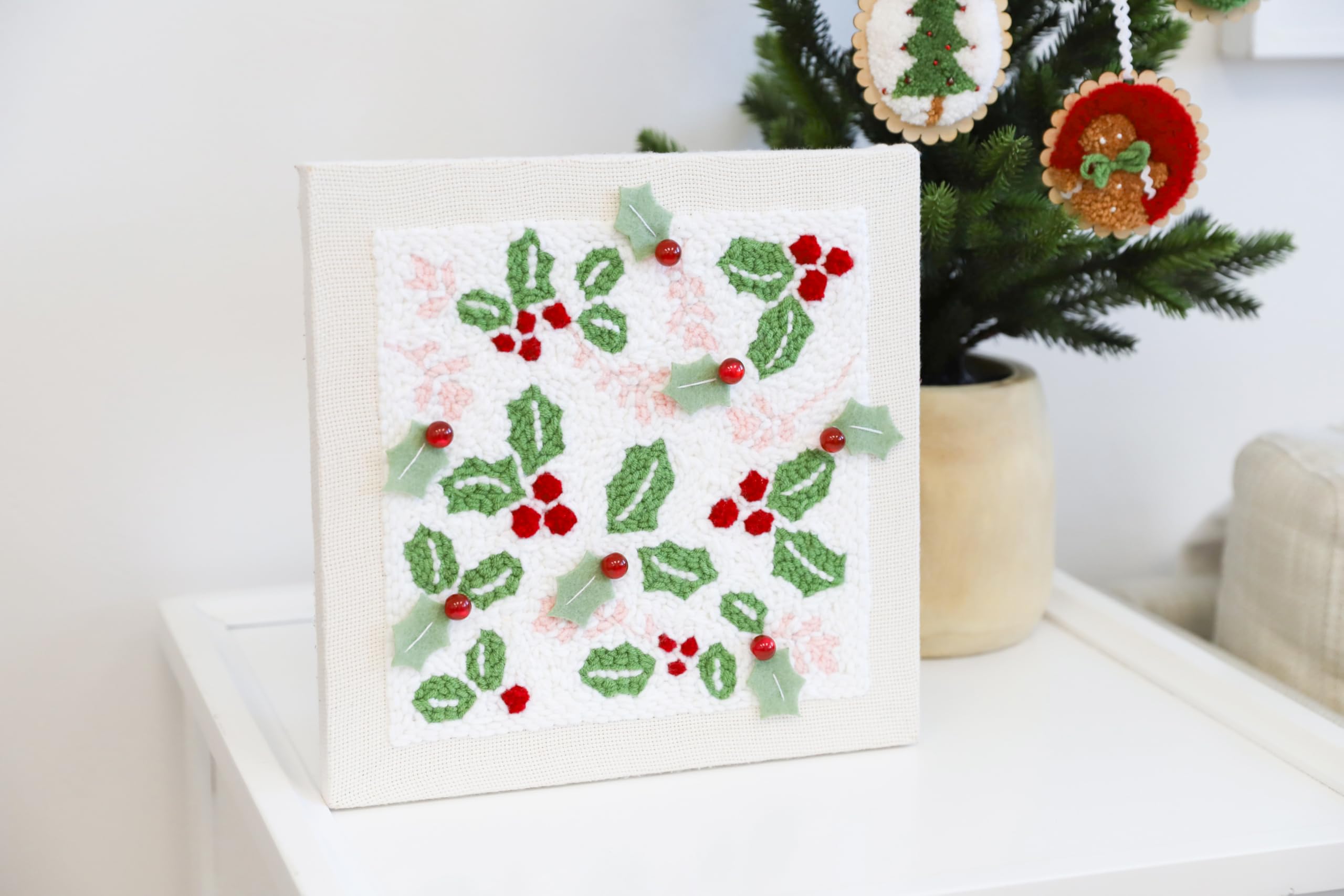 Kimberbell Happy Holly-Days Punch Needle Plus Kit – Complete DIY Embroidery Kit with Tool, Frame, Yarn, Beads & Felt – Holiday Punch Needle Design for Handmade Christmas Décor