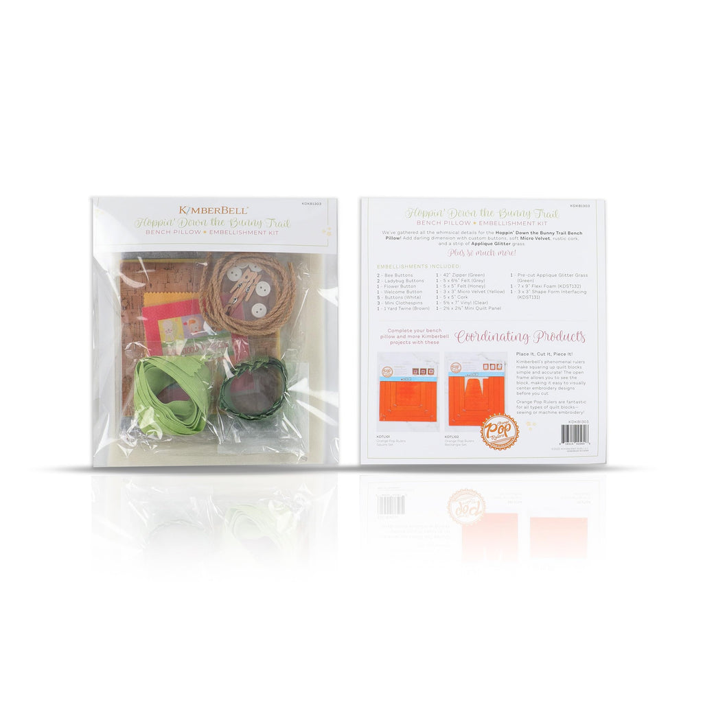 Kimberbell Hoppin’ Down the Bunny Trail Bench Pillow Embellishment Kit – 25 Piece Set for Embroidery, Sewing & Crafting – Includes Buttons, Felt, Glitter Grass & So Much More!