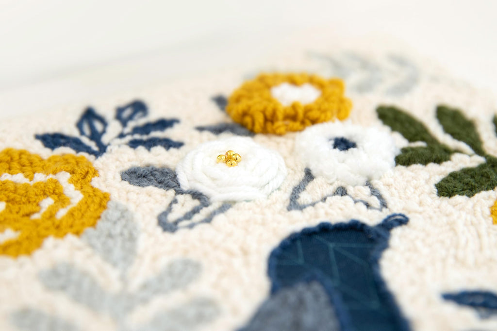 Kimberbell Punch Needle Kit – Birdsong Bouquet - Complete DIY Embroidery Kit with Tool, Monks Cloth, Frame, Yarn & Embellishments – Blue & Gold Floral Design Punch Needle Set